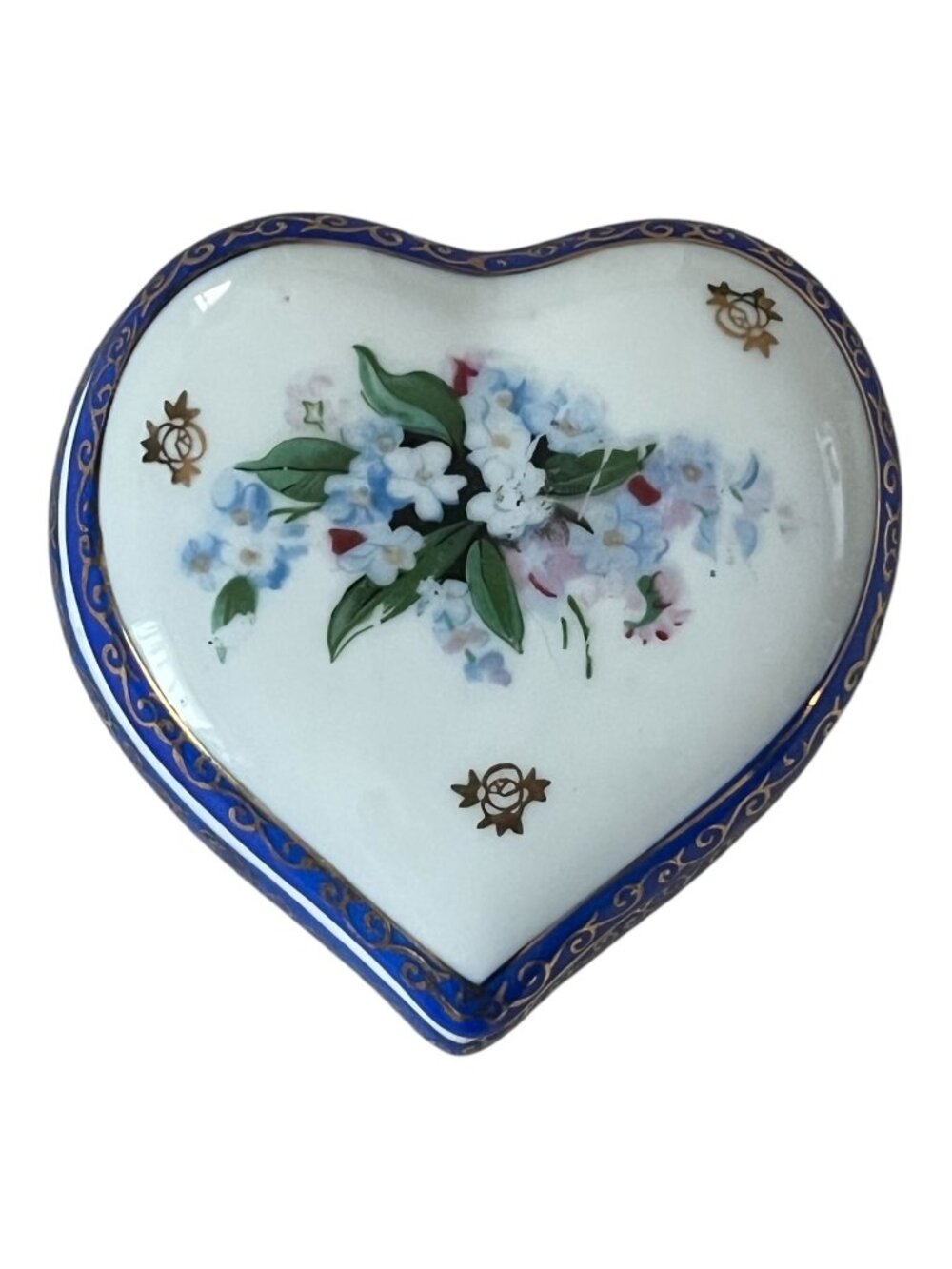 Vintage Tashiro Shoten Japan Heart Trinket Box Cobalt Gold Floral Porcelain 1930